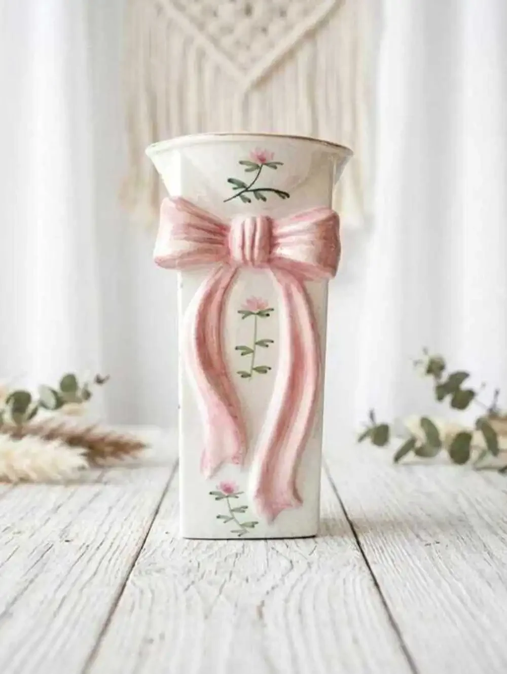 Coastal Granny Decor Rose Motif Vase, Pink Ceramic, Small Mantel Accent